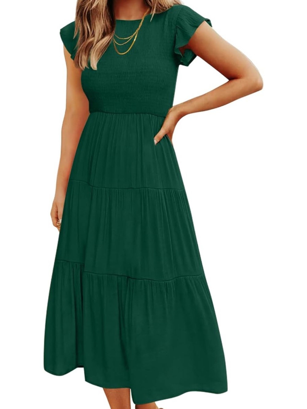 Tiered Midi Dress with Smocked Bodice in Emerald Green
